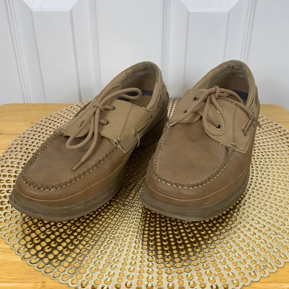 State Street beiges and tan slip on boat shoes size 9.5. All man made material